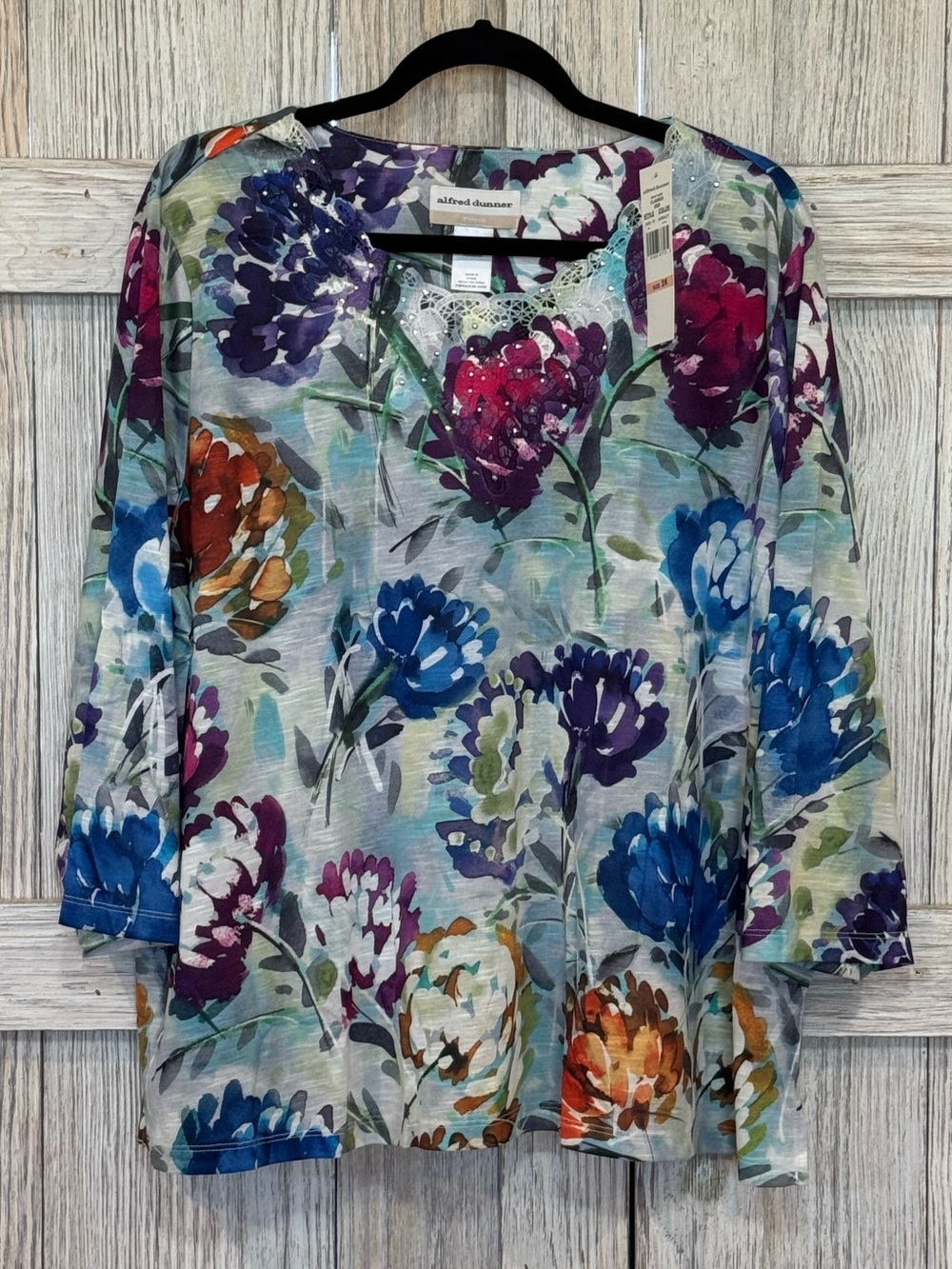 Alfred Dunner Floral Scoop-Neck Tunic in Blue, Purple, Pink and Orange Sz 2X